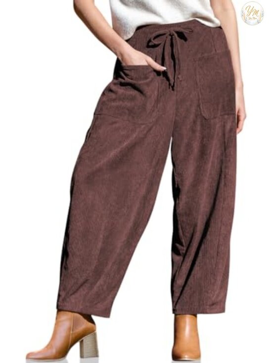 Pants - Corduroy High Waist Wide Leg Pants Drawstring Elastic Waist Side Pockets